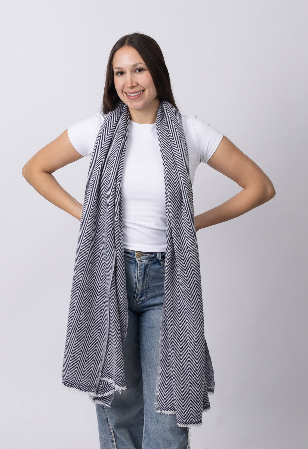 Navy Herringbone Cashmere Scarf
