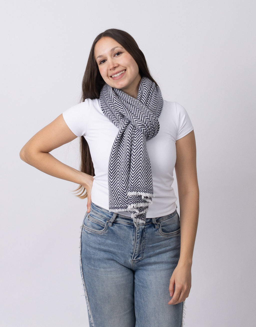 Navy Herringbone Cashmere Scarf