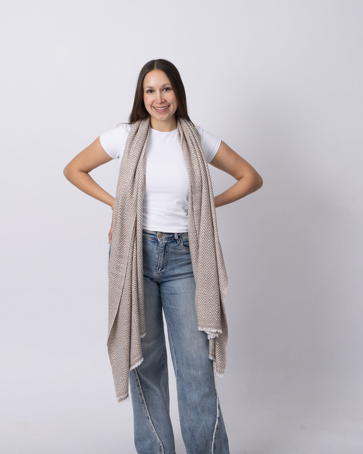 Taupe Herringbone Cashmere Scarf