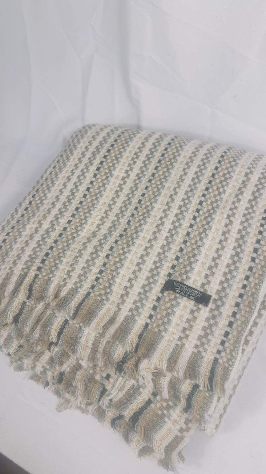 Neutral Multi Check cashmere blanket fringe detail